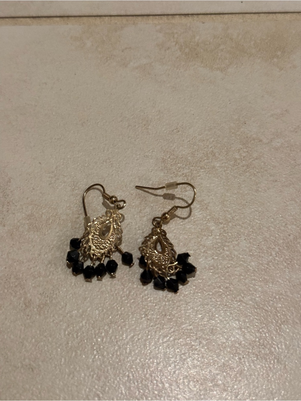 Gold Filigree Teardrop Earrings with Black Beads